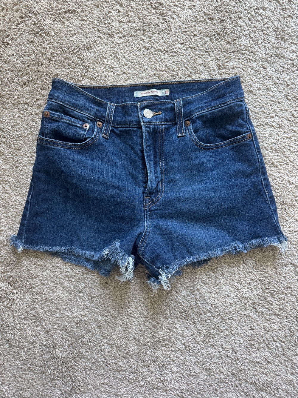 Levi Strauss & Co. High-Rise Dark Blue Denim Cutoff Shorts with Frayed Hem